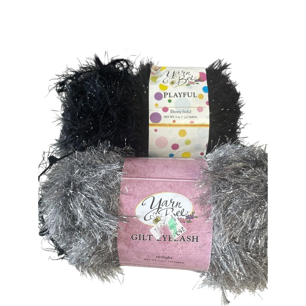Yarn Bee Eyelash Yarn Lot of 2 Black Ebony Silver Twilight Crafting Knitting‎